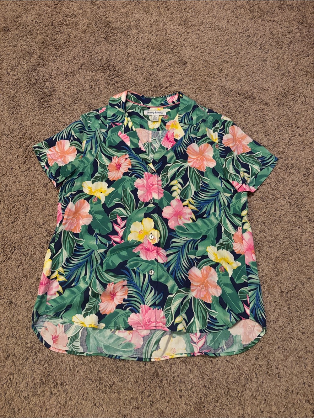 Tommy Bahama Tropical Floral Silk Button-Up Green/Pink S M